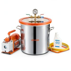 VEVOR 5 Gallon Vacuum Chamber with Pump, 3.5 CFM, Single Stage Vacuum Pump, Stainless Steel Degassing Chamber Kit with Tempered Glass Lid, 5 ft Hose, for Stabilizing Wood Degassing Silicone Resin-0