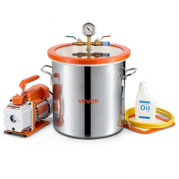 VEVOR 5 Gallon Vacuum Chamber with Pump, 3.5 CFM, Single Stage Vacuum Pump, Stainless Steel Degassing Chamber Kit with Tempered Glass Lid, 5 ft Hose, for Stabilizing Wood Degassing Silicone Resin-0